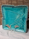 Turquoise Crackle-Glaze Serving Tray — Carved Bamboo & Crab Motif, Rope-Twist Rim