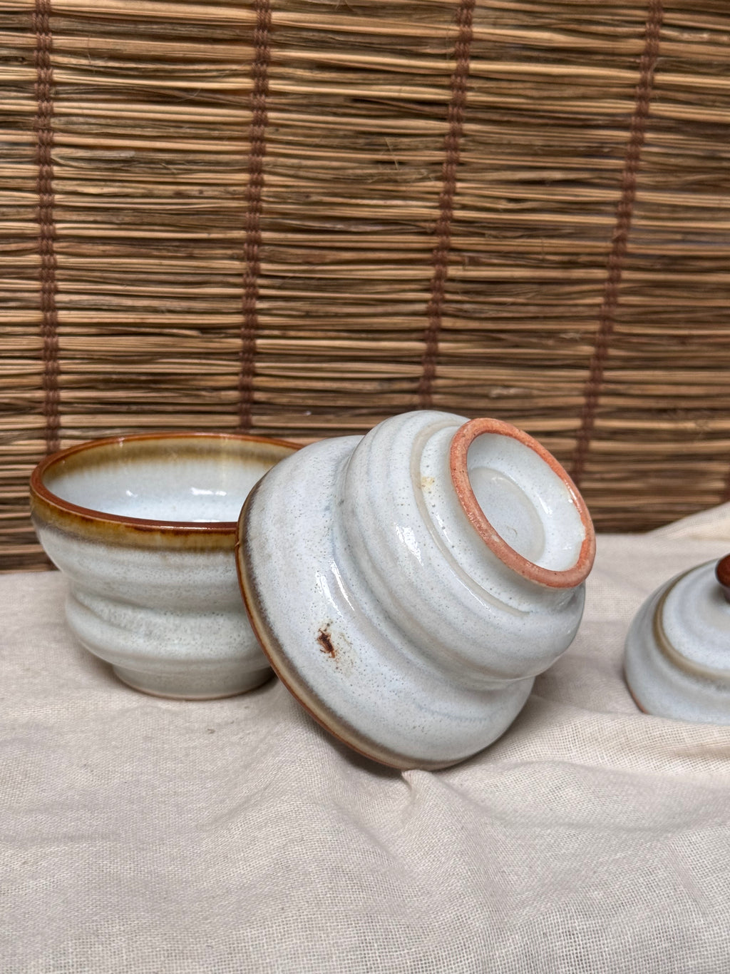 Ame-Glaze Lidded Cups, Pair — Rim Drip, Knob-Lid, Tiered Foot