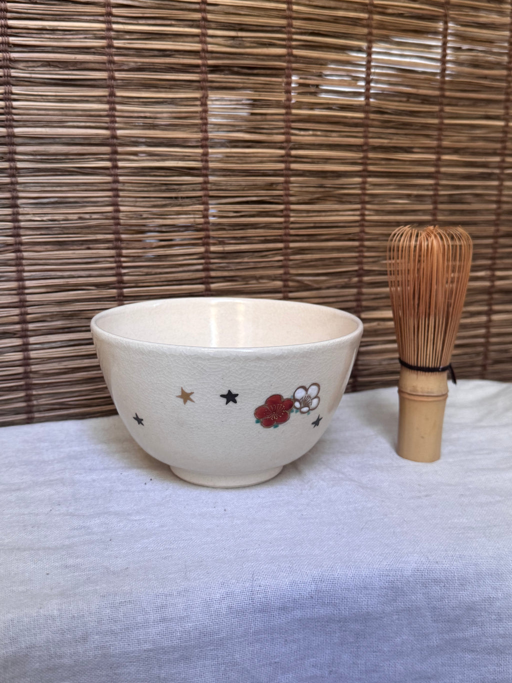 Kyoto Ware Tea Bowl — Pine, Bamboo and Plum with Scattered Stars, Enamel and Gold