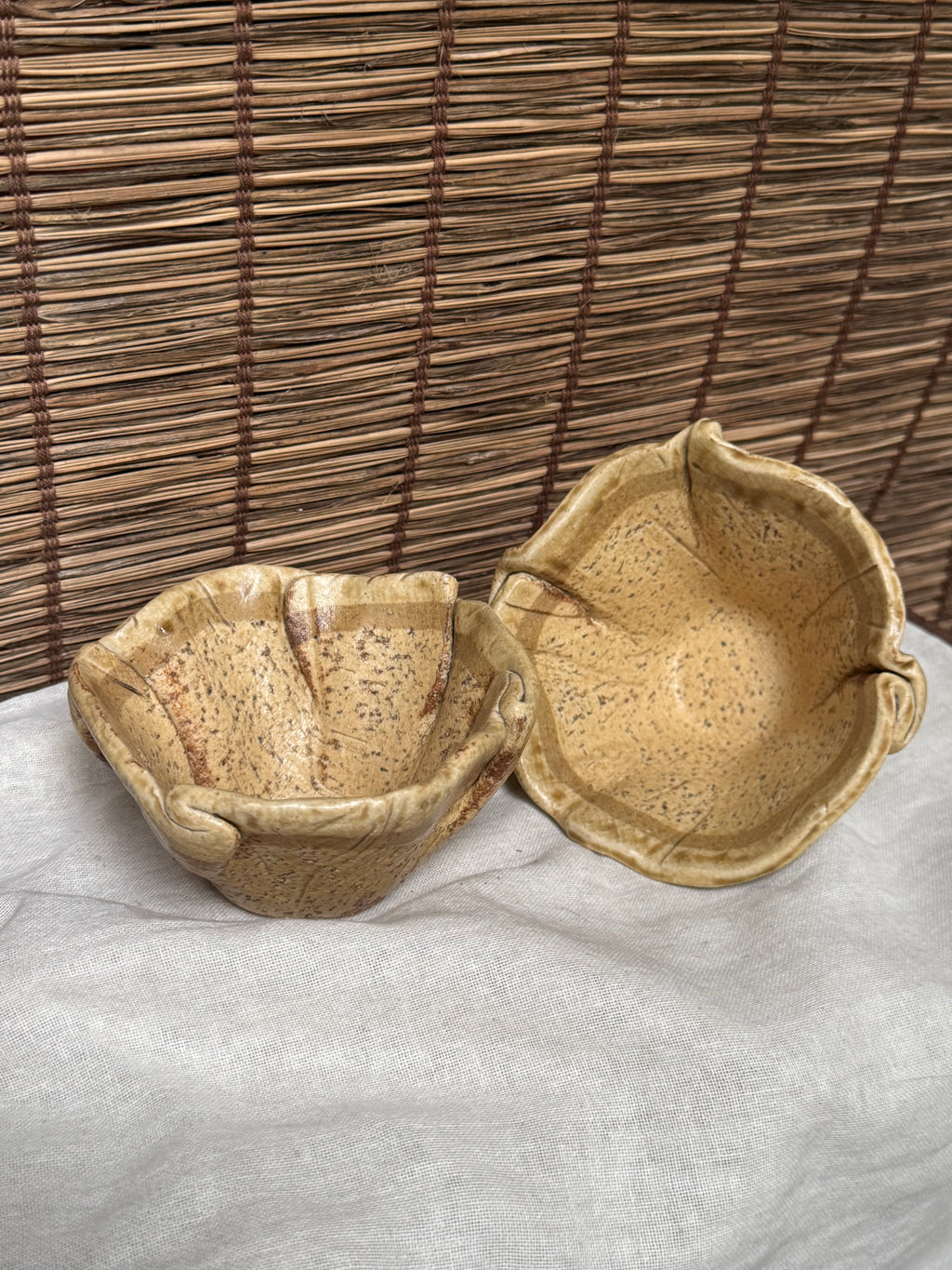 Hand-Built Leaf Bowls - Stamped Artisan Mark, Speckled Glaze, Set of 2