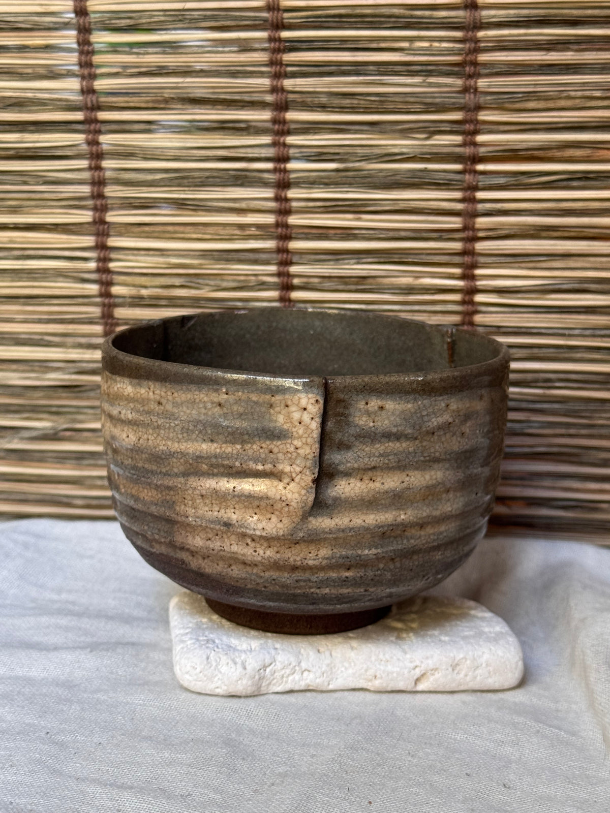 Mini Chawan — Iron Glaze with White Panels, Folded Rim