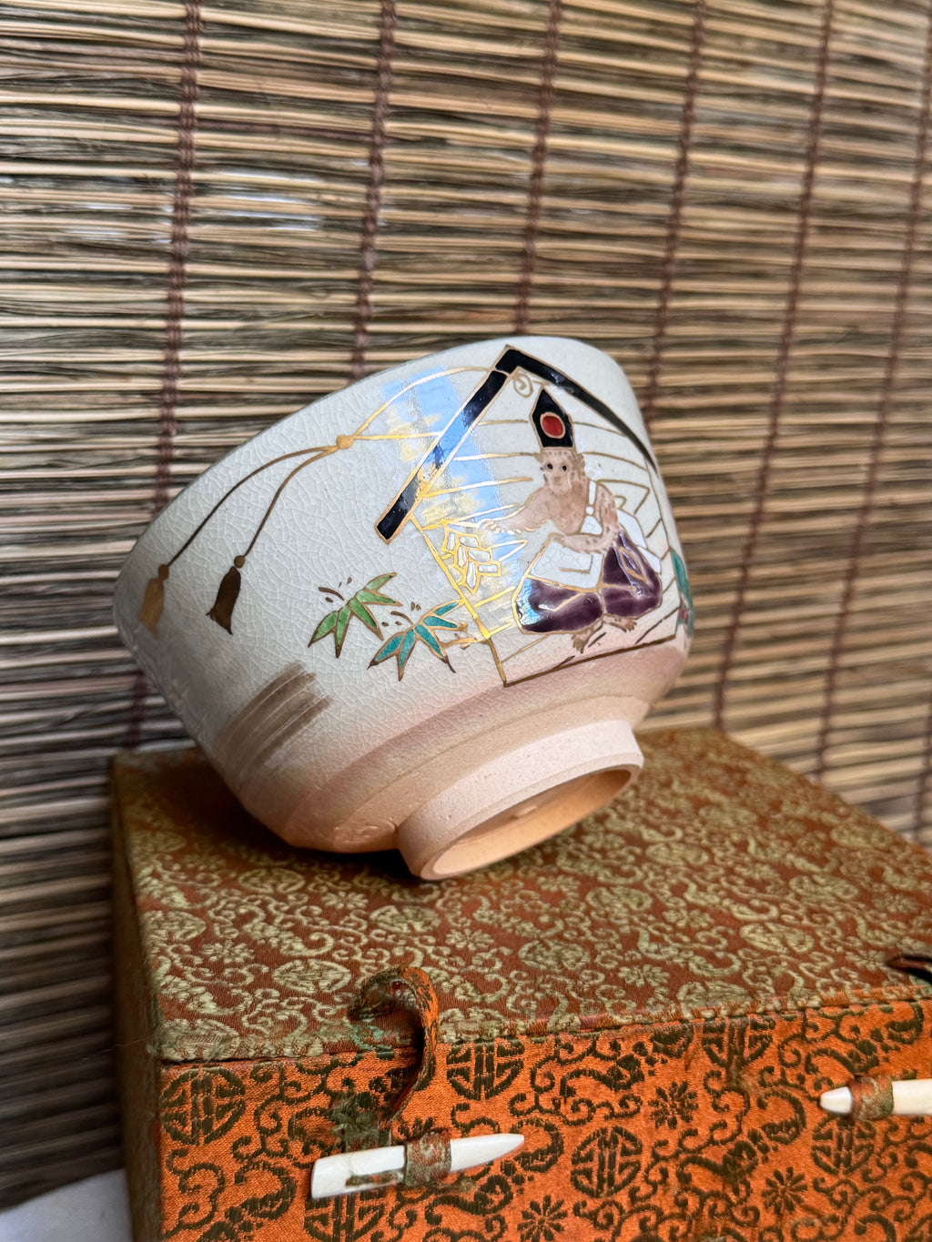 Kyoto Ware Zodiac Tea Bowl (Eto Chawan), Year of the Monkey — Monkey on an Ema with Pine, Bamboo and Plum