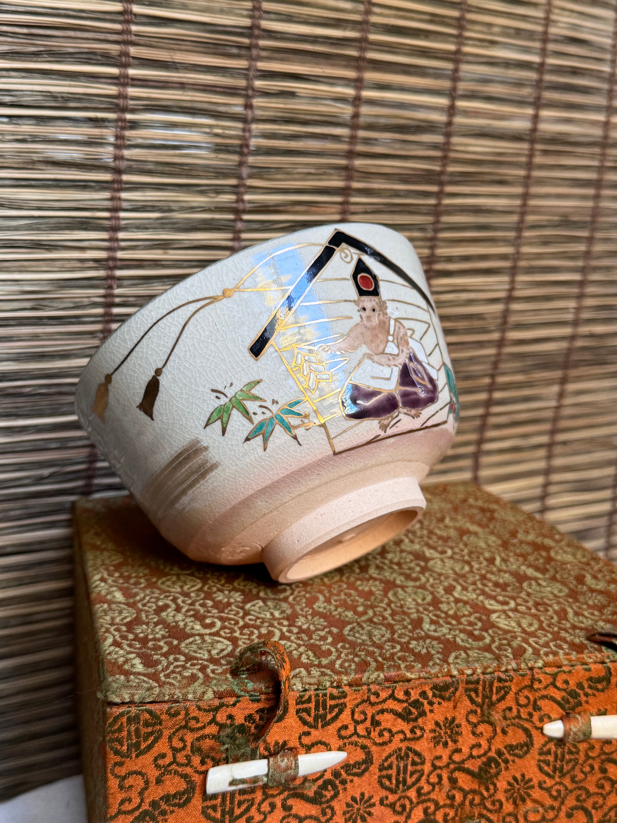 Kyoto Ware Zodiac Tea Bowl (Eto Chawan), Year of the Monkey — Monkey on an Ema with Pine, Bamboo and Plum