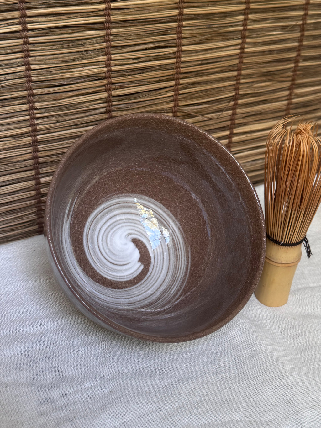 Kyoto Ware Zodiac Tea Bowl (Eto Chawan) — Daikoku's Mice with Lucky Mallet and Treasure Sack, Brushed Slip Swirl