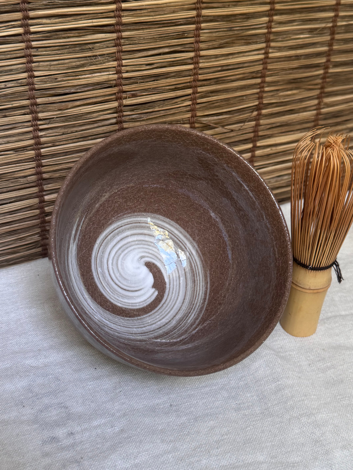 Kyoto Ware Zodiac Tea Bowl (Eto Chawan) — Daikoku's Mice with Lucky Mallet and Treasure Sack, Brushed Slip Swirl