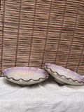 Lavender-Rimmed Scalloped Dishes, Pair — Spiral Throwing Rings, Iron-Brown Wave Edge