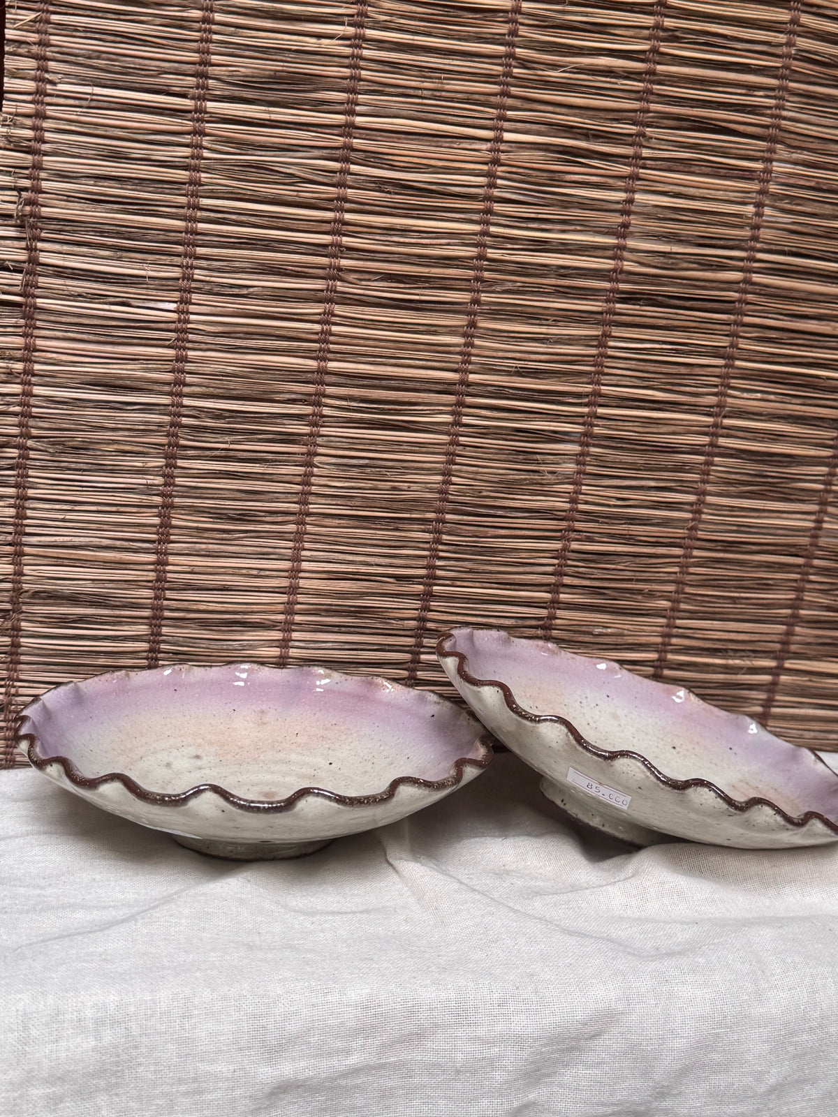 Lavender-Rimmed Scalloped Dishes, Pair — Spiral Throwing Rings, Iron-Brown Wave Edge