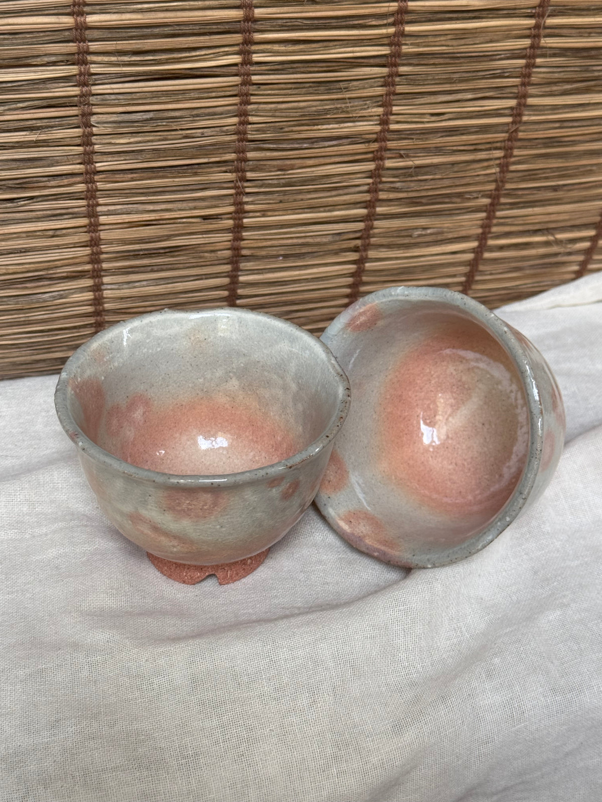 Hagi-Style Yunomi Tea Cups, Pair — Spouted Rim, Twisted Footring with Ash-Spots
