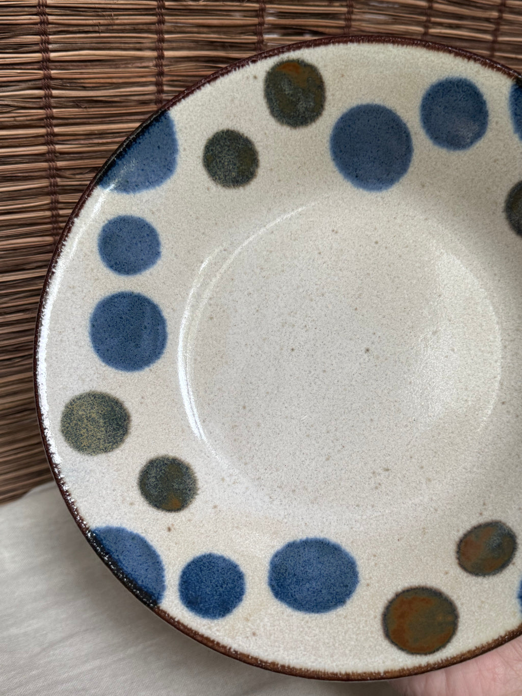 Ceram Polka Dot Bowls - Hand-Painted Blue & Olive Dots, Set of 2