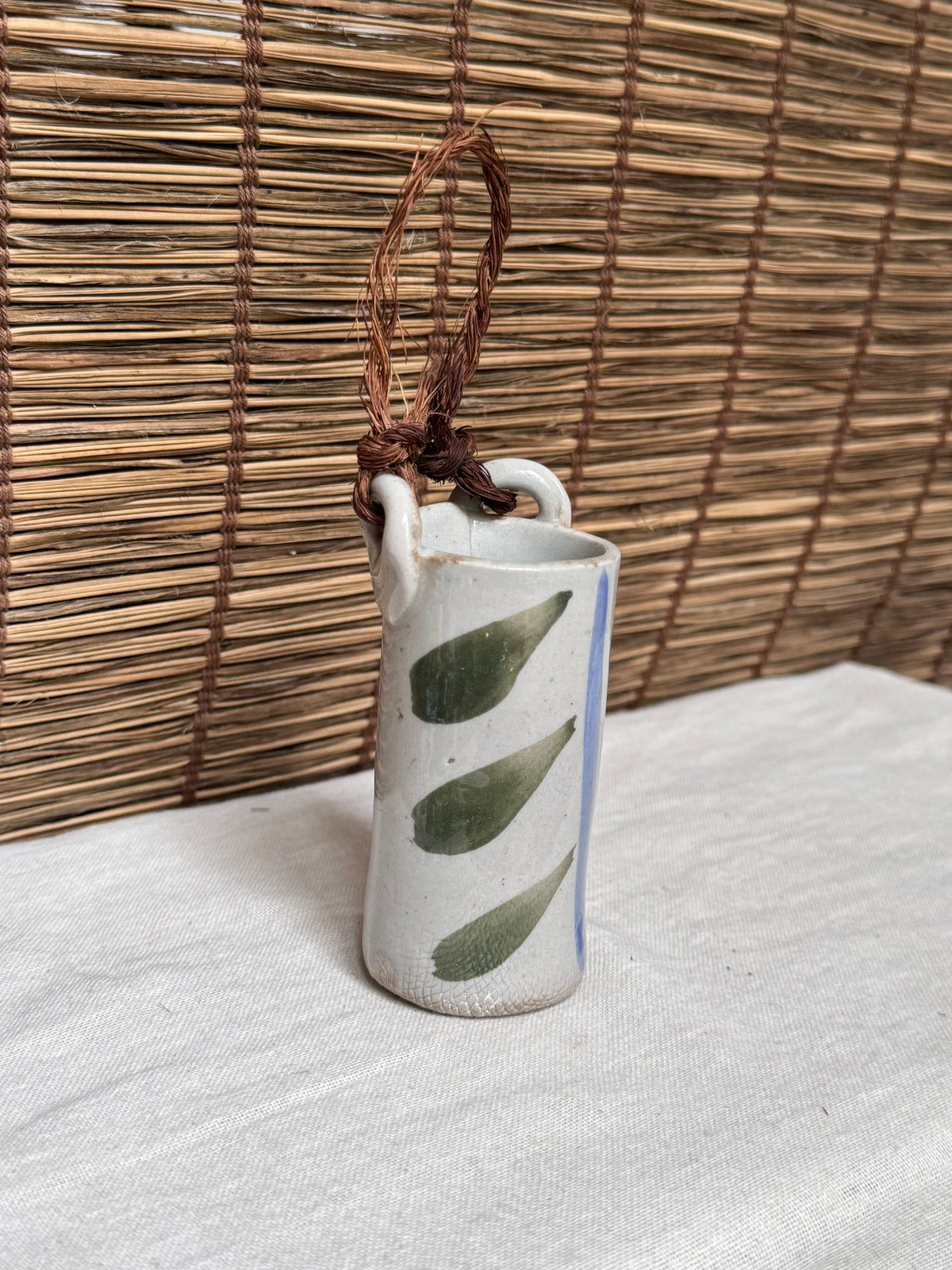 Japanese Mini Hanging Vase with Hand-Painted Leaf and Stripe Design