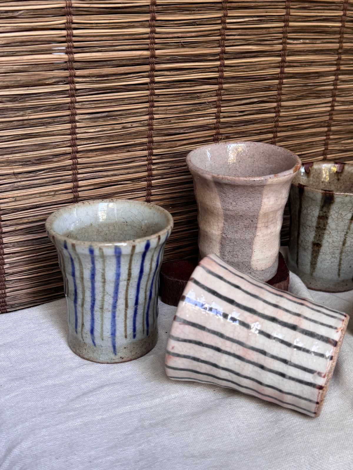 Multi Cups by K. Chikazawa — Boxed Set of 5 Hand-Thrown Yunomi, Mismatched Glaze Designs