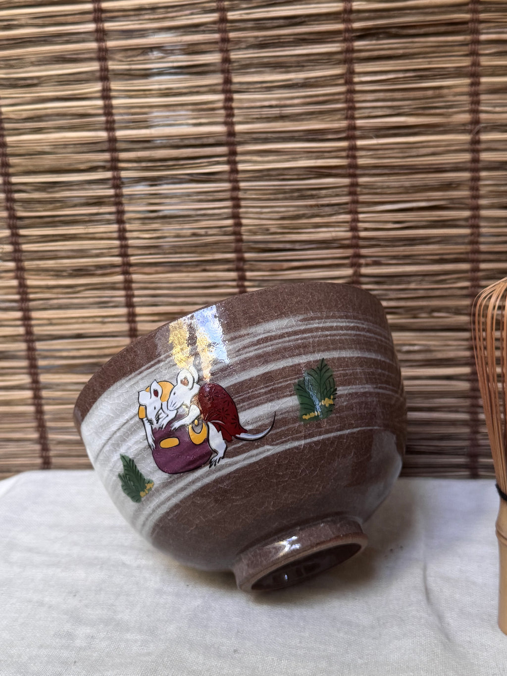 Kyoto Ware Zodiac Tea Bowl (Eto Chawan) — Daikoku's Mice with Lucky Mallet and Treasure Sack, Brushed Slip Swirl