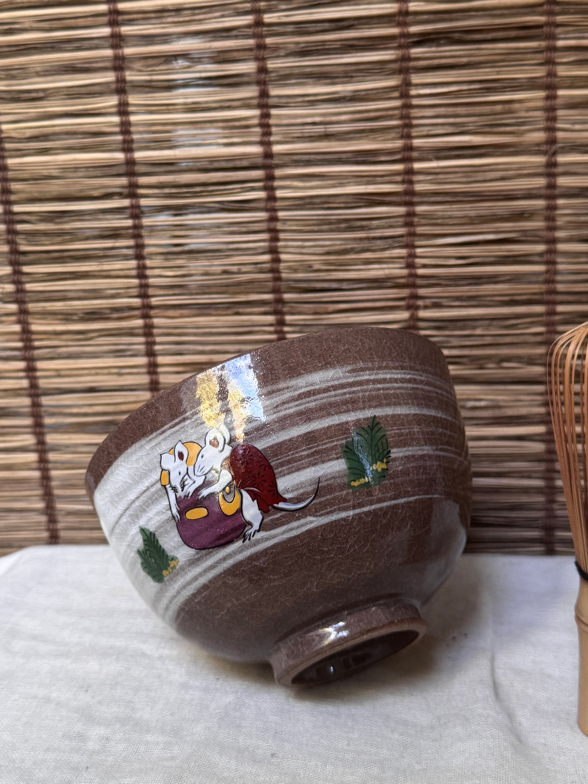 Kyoto Ware Zodiac Tea Bowl (Eto Chawan) — Daikoku's Mice with Lucky Mallet and Treasure Sack, Brushed Slip Swirl