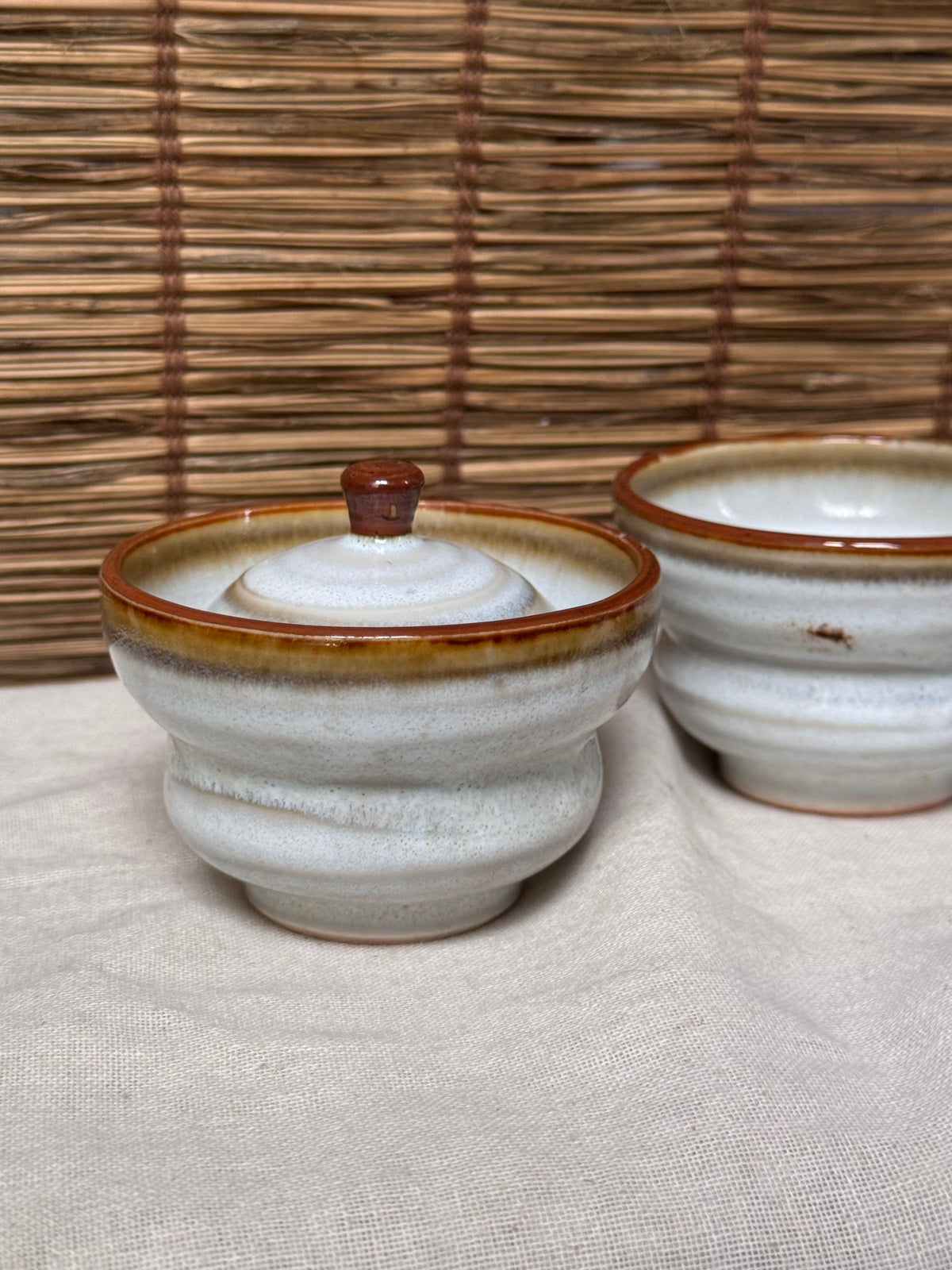 Ame-Glaze Lidded Cups, Pair — Rim Drip, Knob-Lid, Tiered Foot