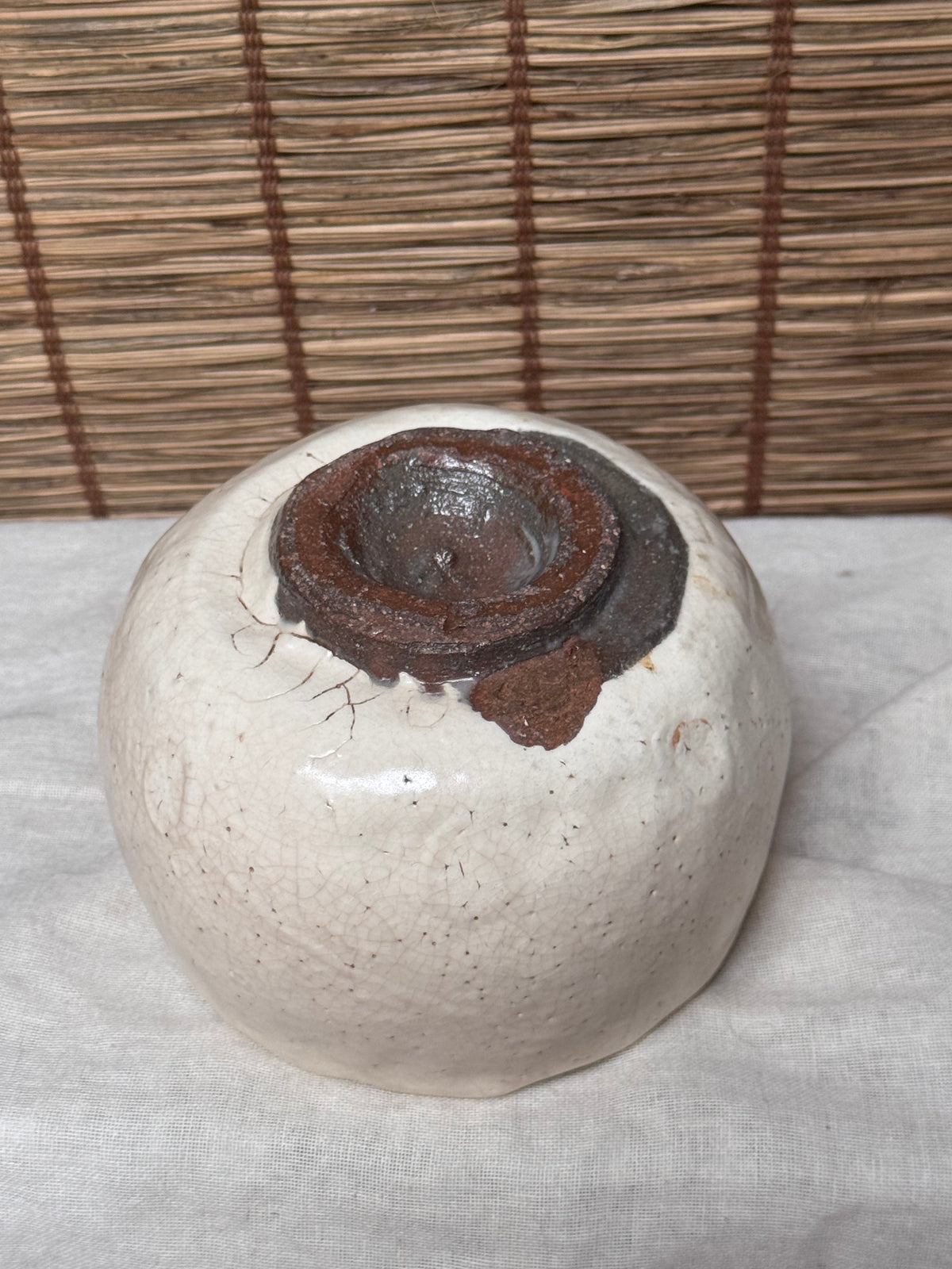 Shino Matcha Chawan — White Feldspar Glaze, Pinholed "Citron Skin" Surface