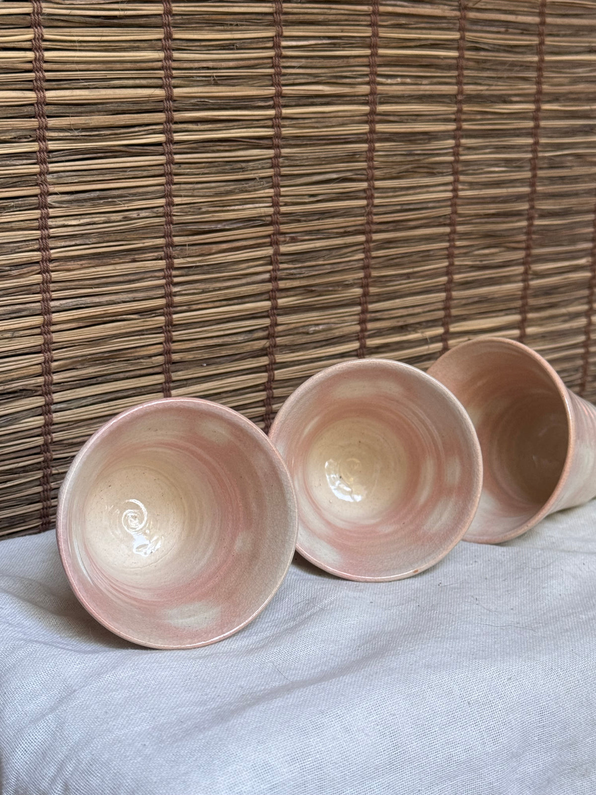 Hagi-yaki Guinomi Cups, Set of 3 — Blush Pink Glaze, Split Foot