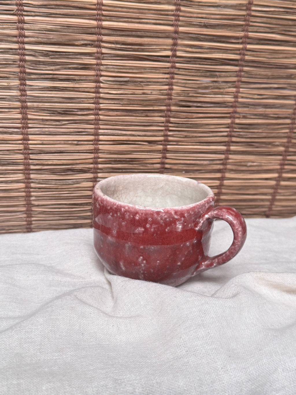 Copper-Red Glazed Studio Mug — Oxblood Drip Glaze, Crackle Interior
