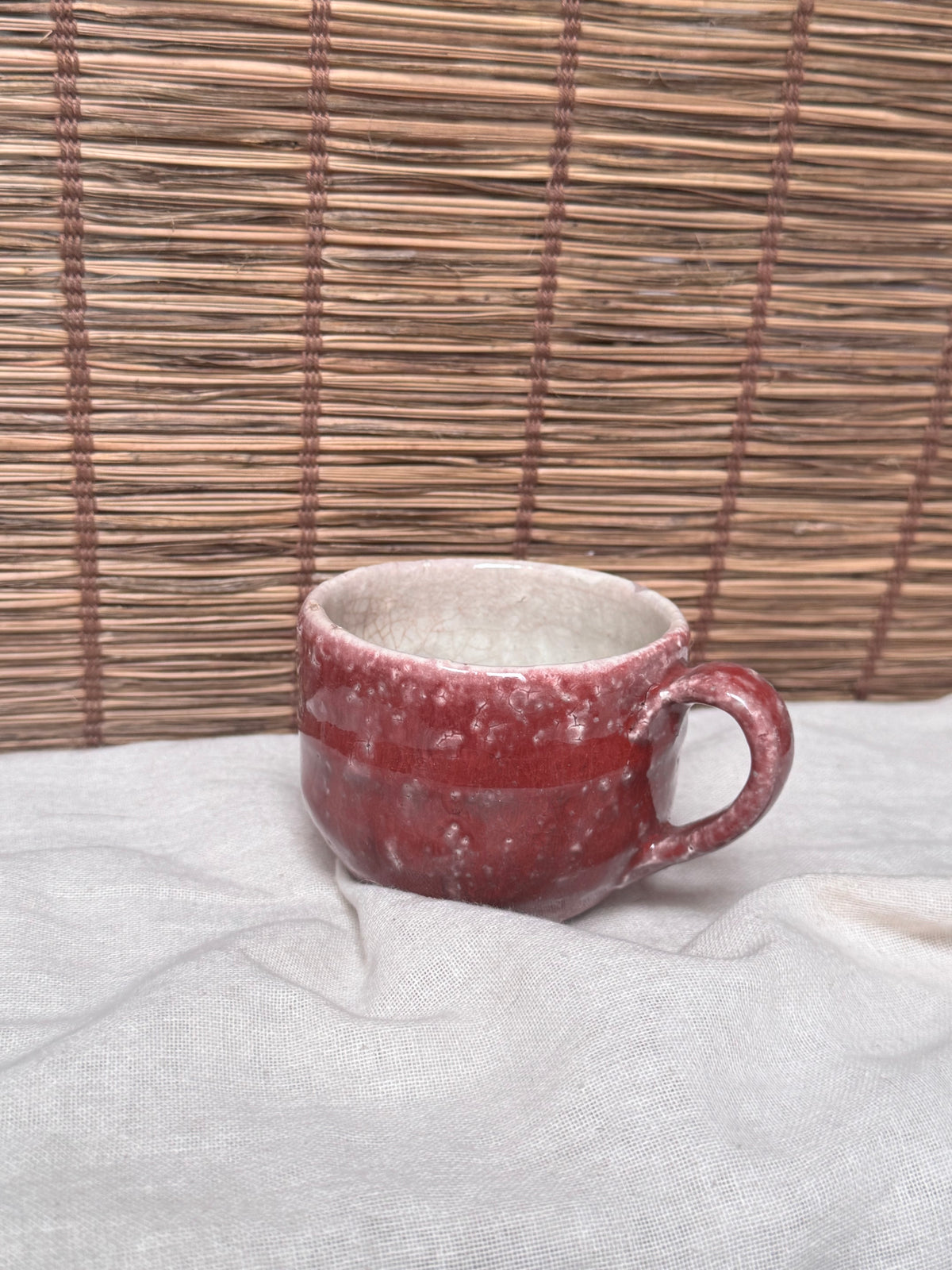 Copper-Red Glazed Studio Mug — Oxblood Drip Glaze, Crackle Interior