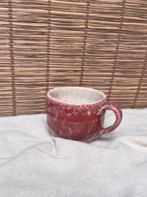 Copper-Red Glazed Studio Mug — Oxblood Drip Glaze, Crackle Interior