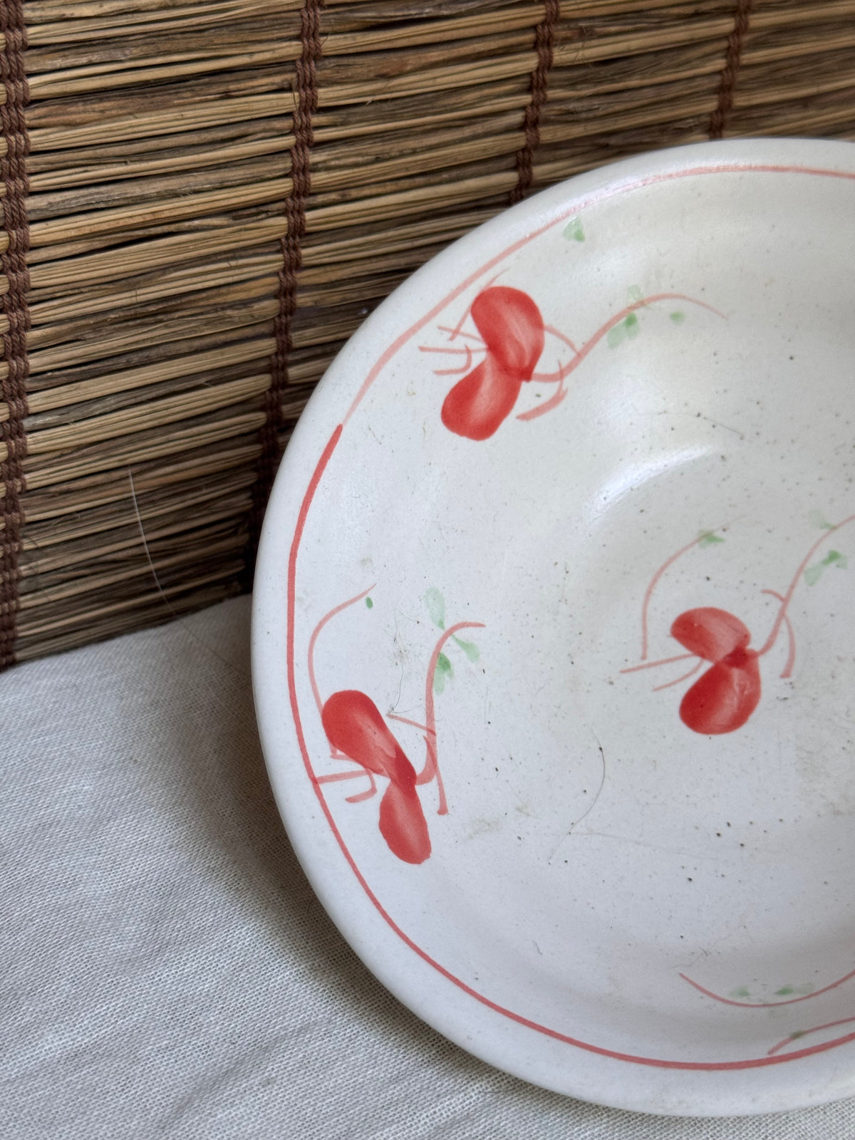 Boat-Shaped Serving Bowl — Hand-Painted Red Blossom Motif, Cream Crackle Glaze