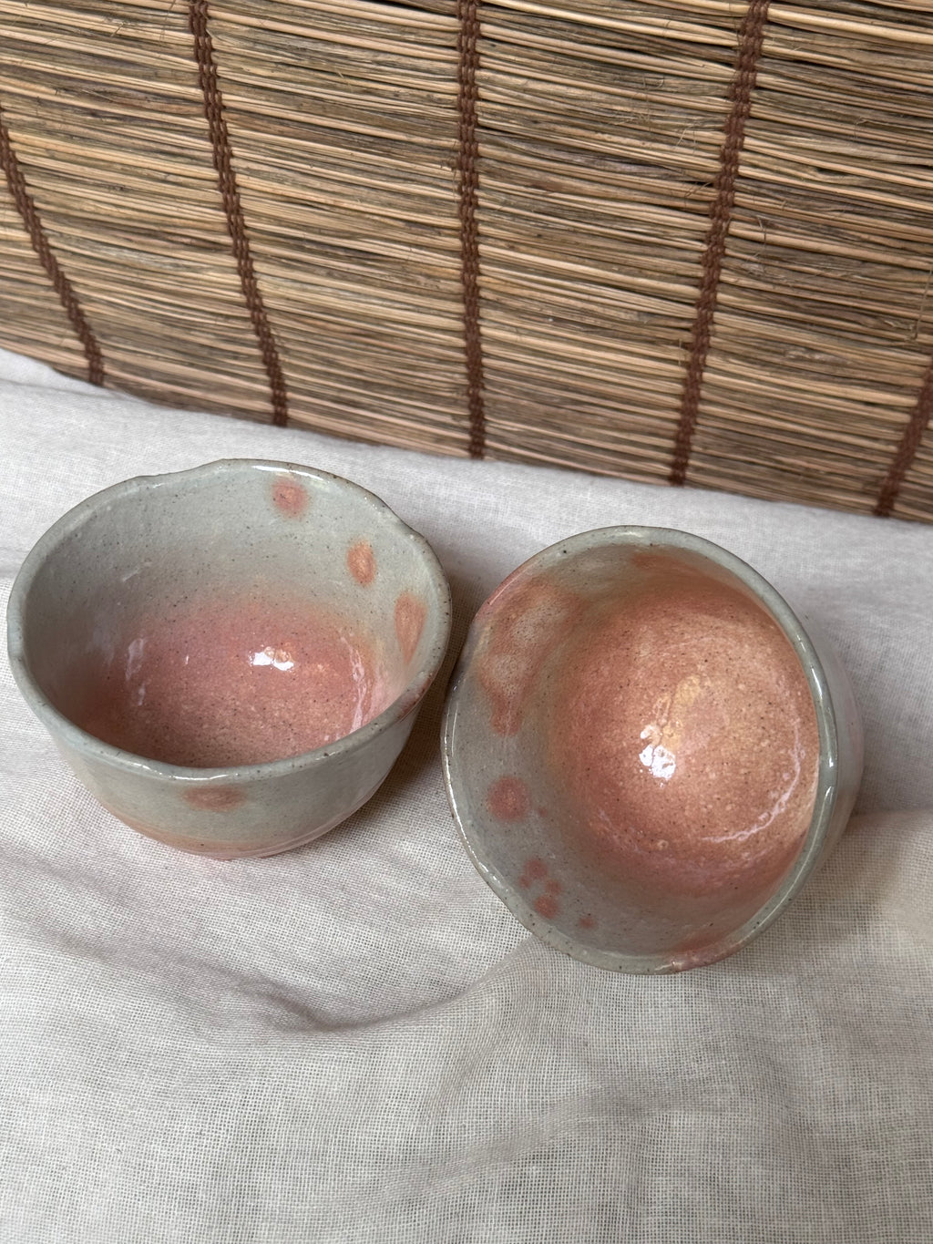 Hagi-Style Yunomi Tea Cups, Pair — Grey Ash Glaze with Iron-Spot