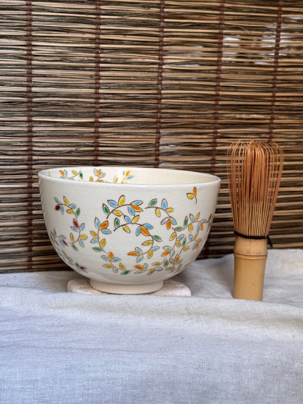 Kyoto Ware Matcha Bowl (Chawan) — Rainbow Leaf Scrolls, Gold Outlines, Signed, with Box
