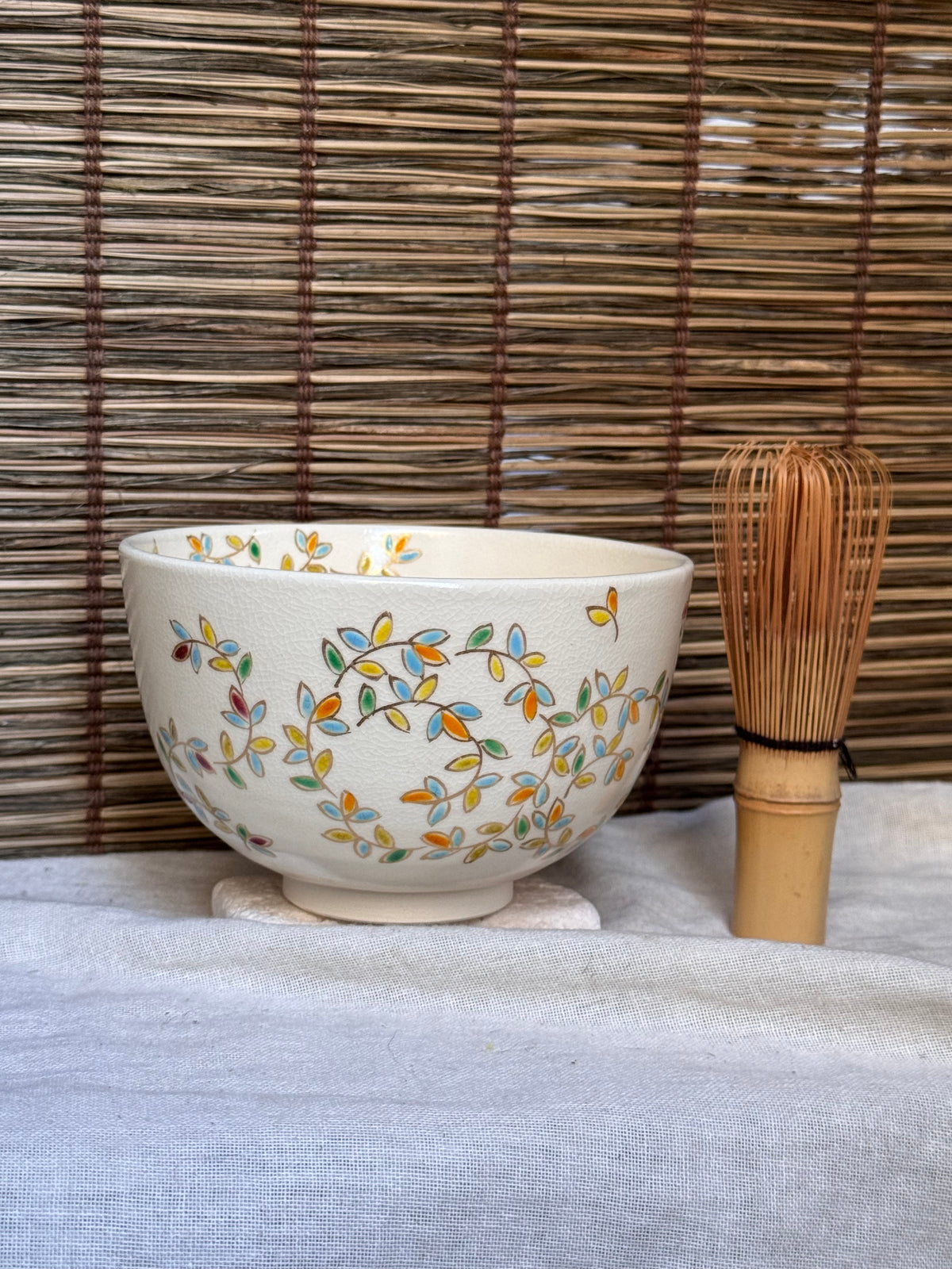 Kyoto Ware Matcha Bowl (Chawan) — Rainbow Leaf Scrolls, Gold Outlines, Signed, with Box