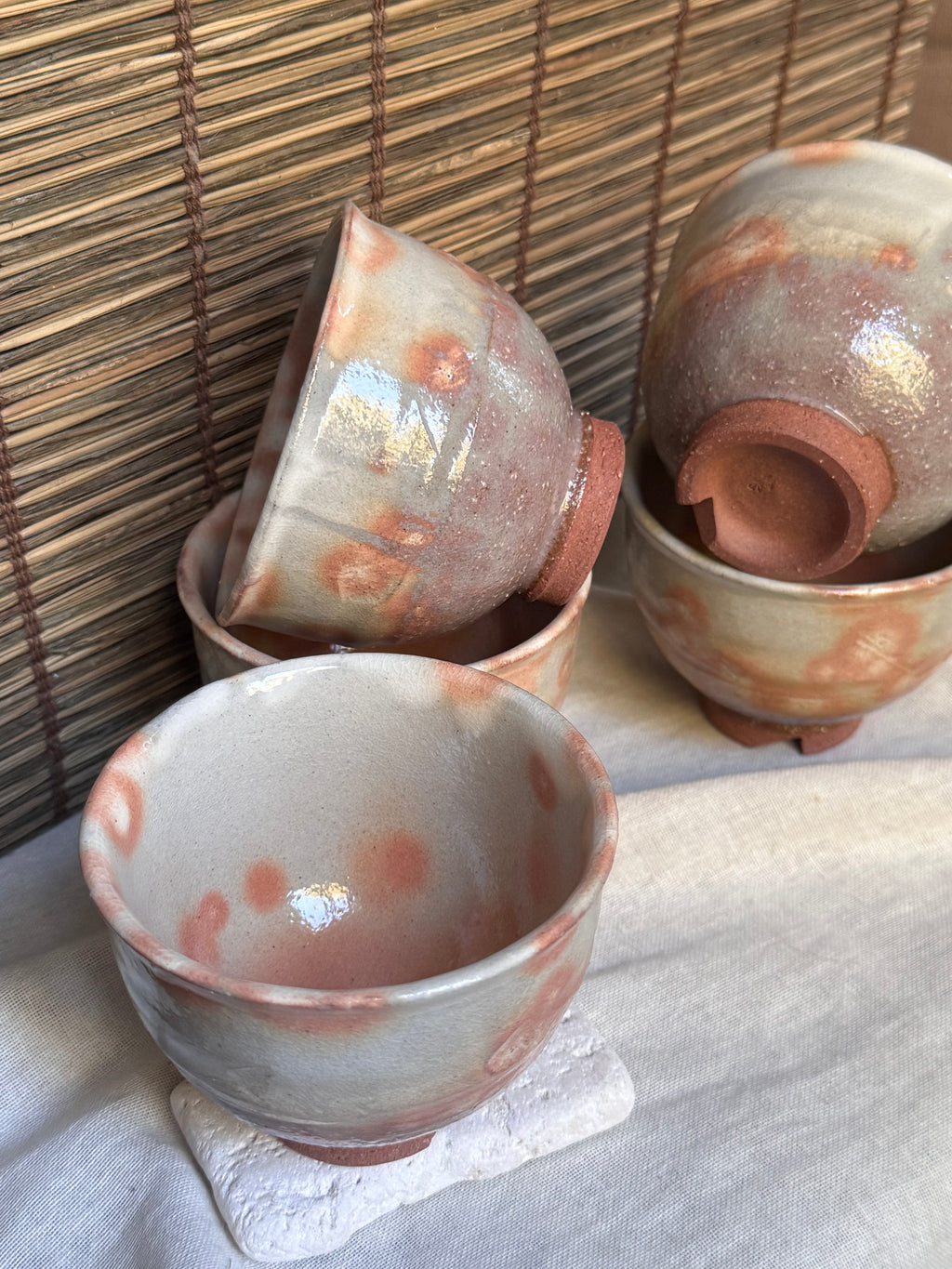 Hagi Ware Kumidashi Teacups, Set of 5 — Gohon Spots, Cut Foot, Signed Wooden Box