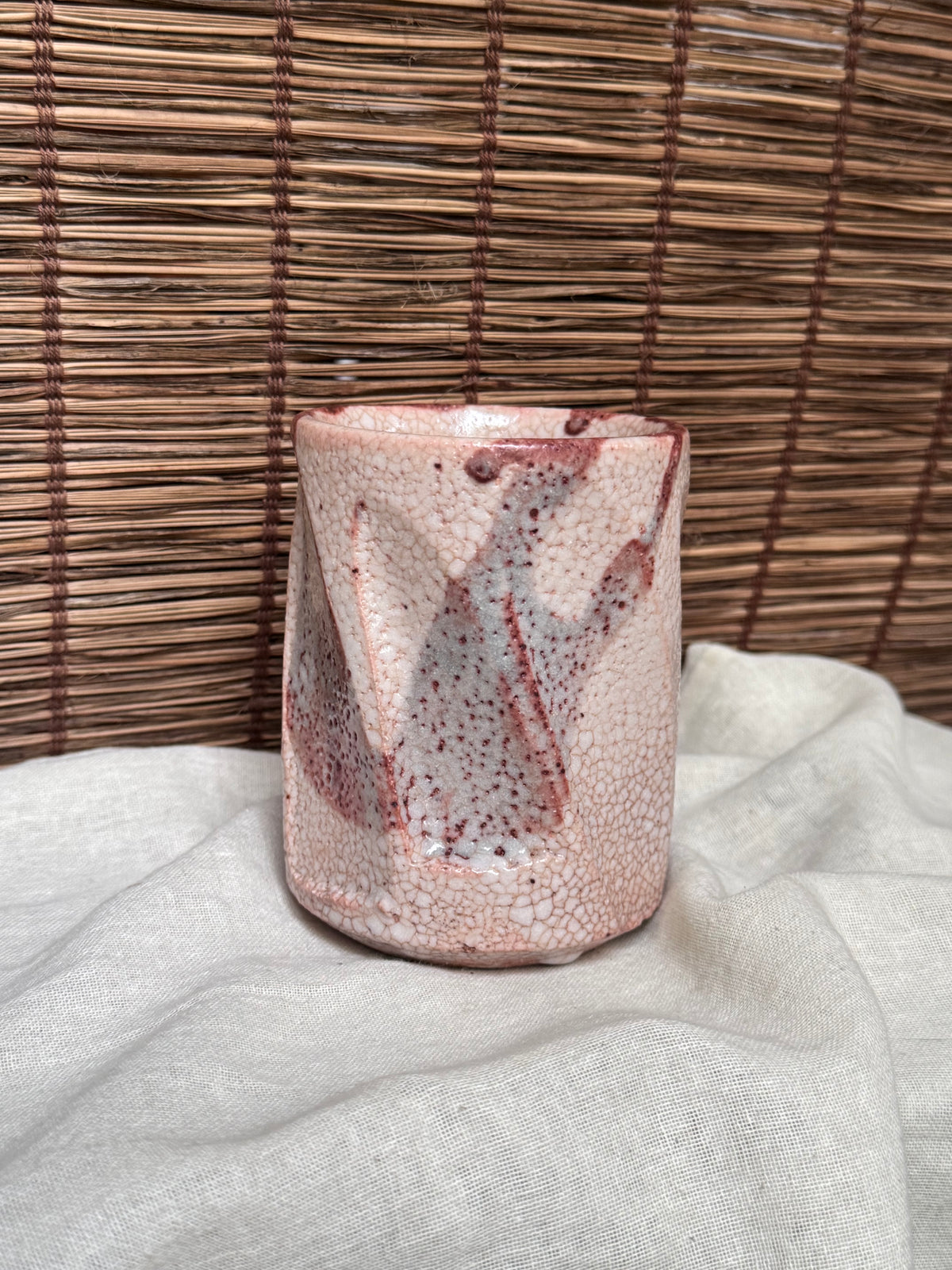 Shino-Yaki Faceted Yunomi Cup, Blush Pink Ash Glaze