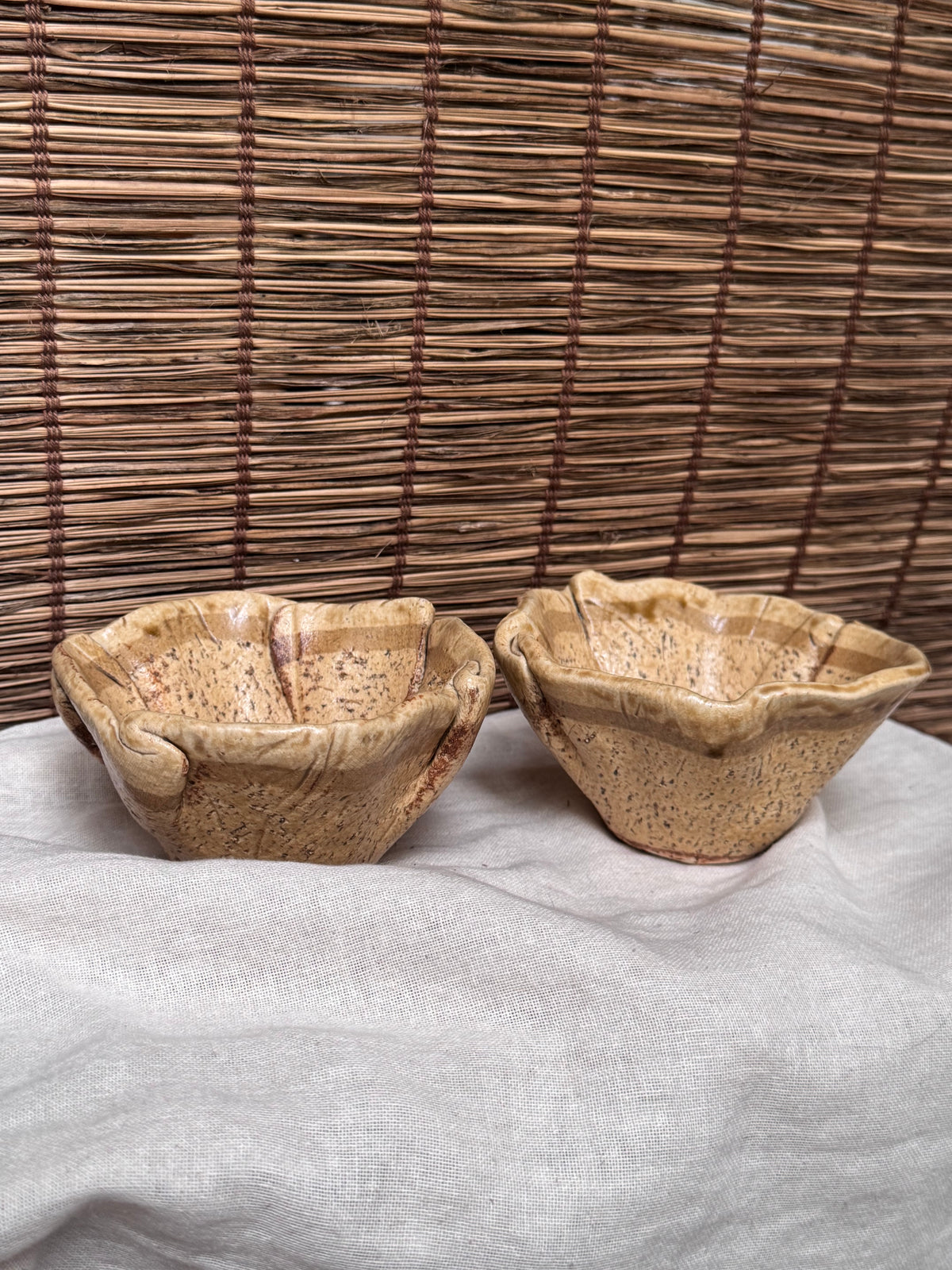 Hand-Built Leaf Bowls - Stamped Artisan Mark, Speckled Glaze, Set of 2