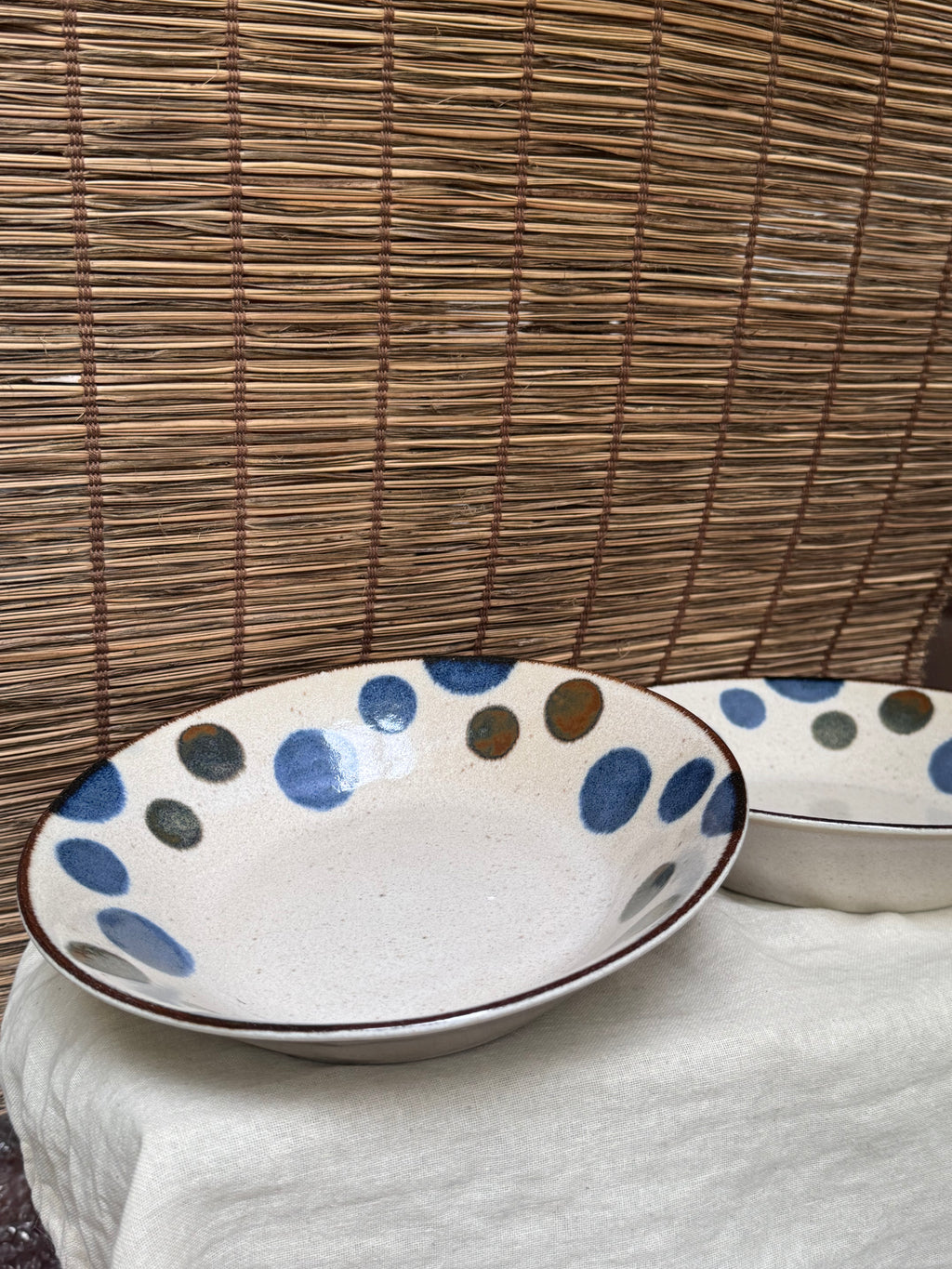 Ceram Polka Dot Bowls - Hand-Painted Blue & Olive Dots, Set of 2