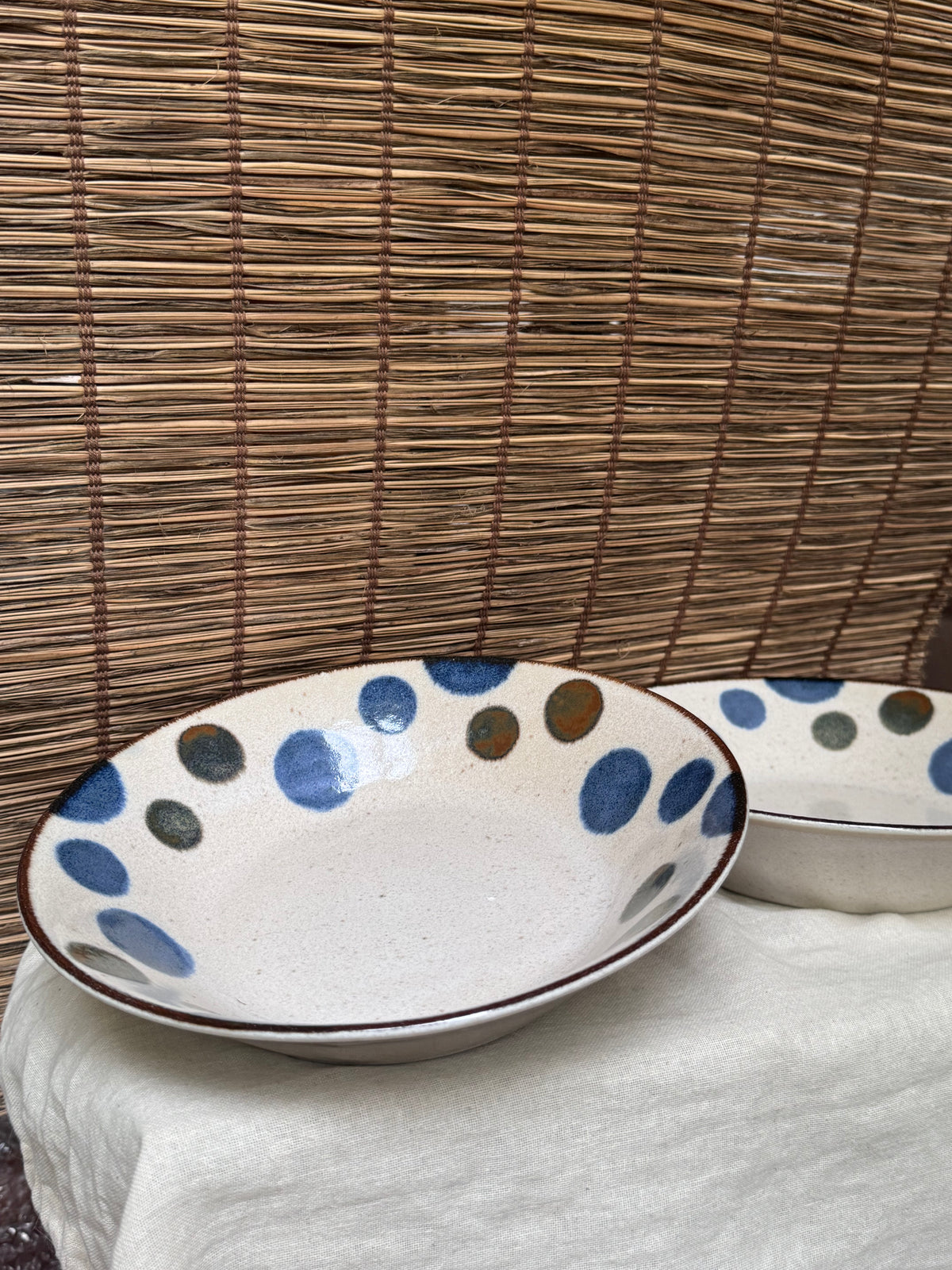 Ceram Polka Dot Bowls - Hand-Painted Blue & Olive Dots, Set of 2
