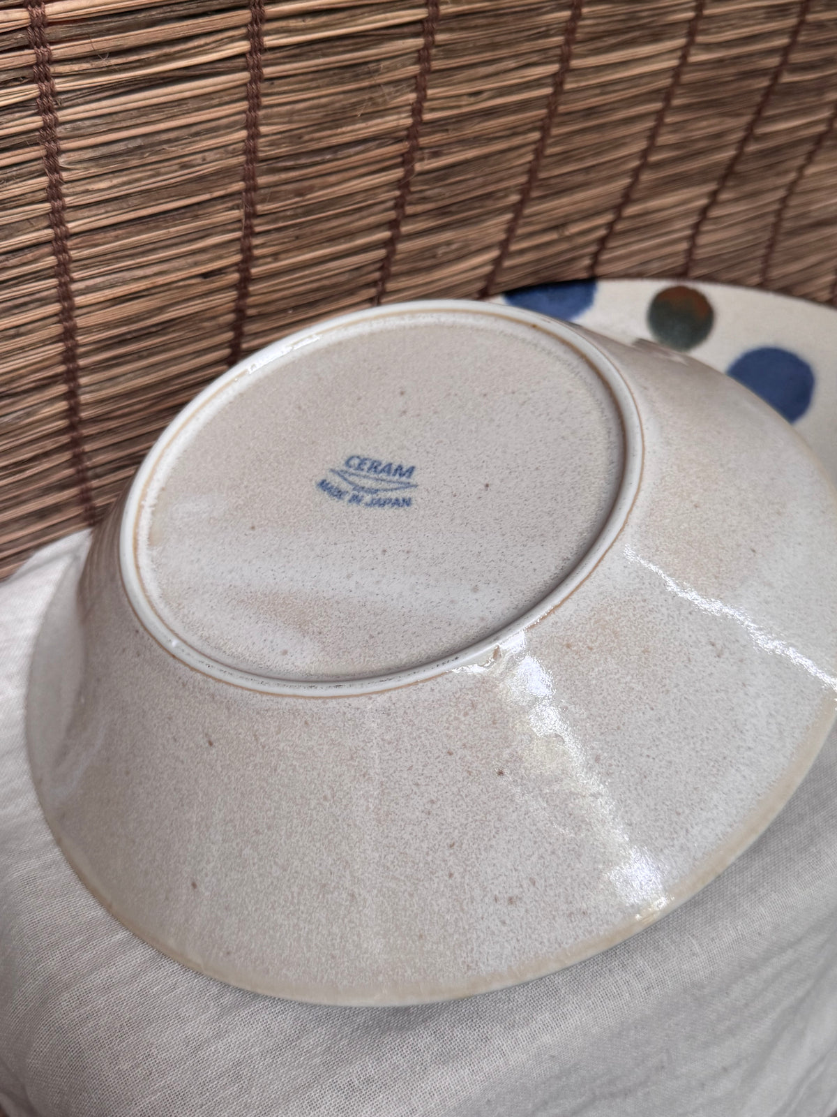 Ceram Polka Dot Bowls - Hand-Painted Blue & Olive Dots, Set of 2