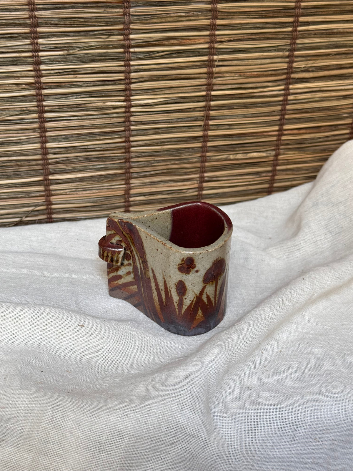 Japanese Futaoki (Lid & Ladle Rest) — Slab-Built, Iron-Painted Grasses, Copper-Red Glaze