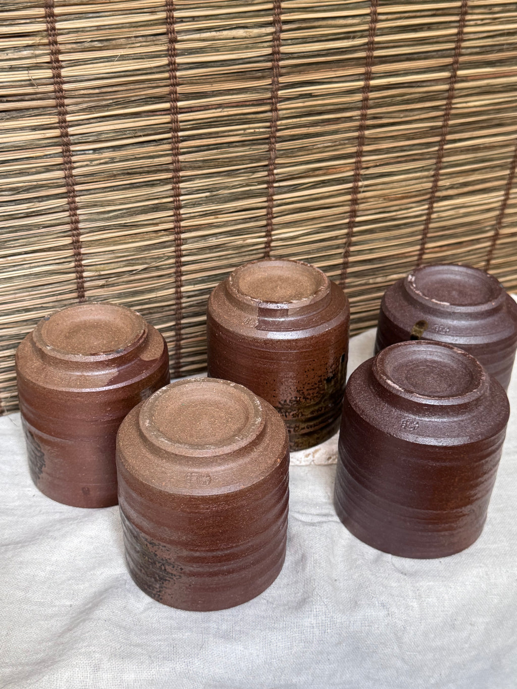 Tamba Ware Teacups (Yunomi), Set of 5 — Olive Ash Glaze Drips, Original Box