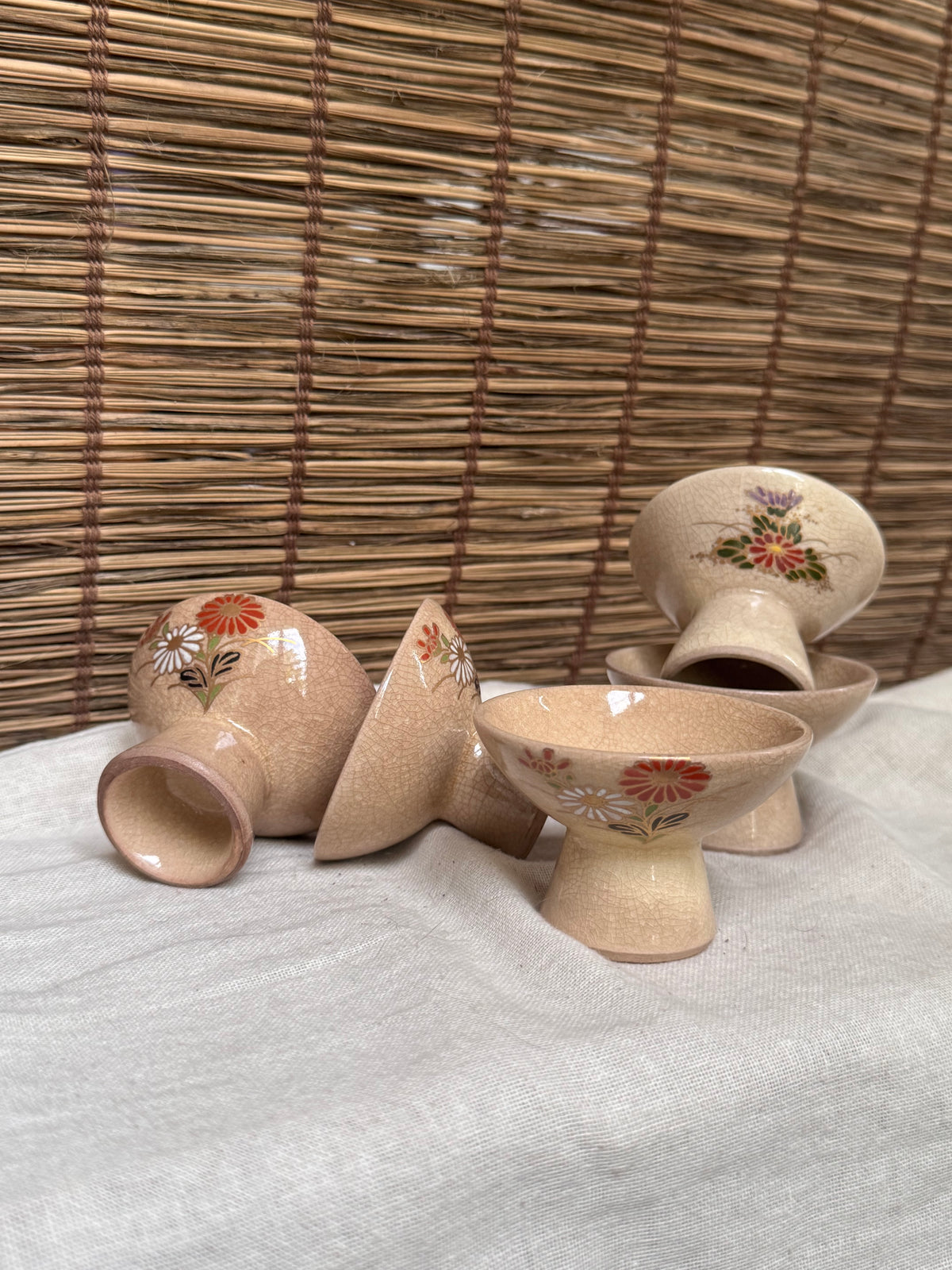 Kutani Ware Footed Sake Cups & Stands, Set of 5 — Hand-Painted Chrysanthemum, Crackle Glaze