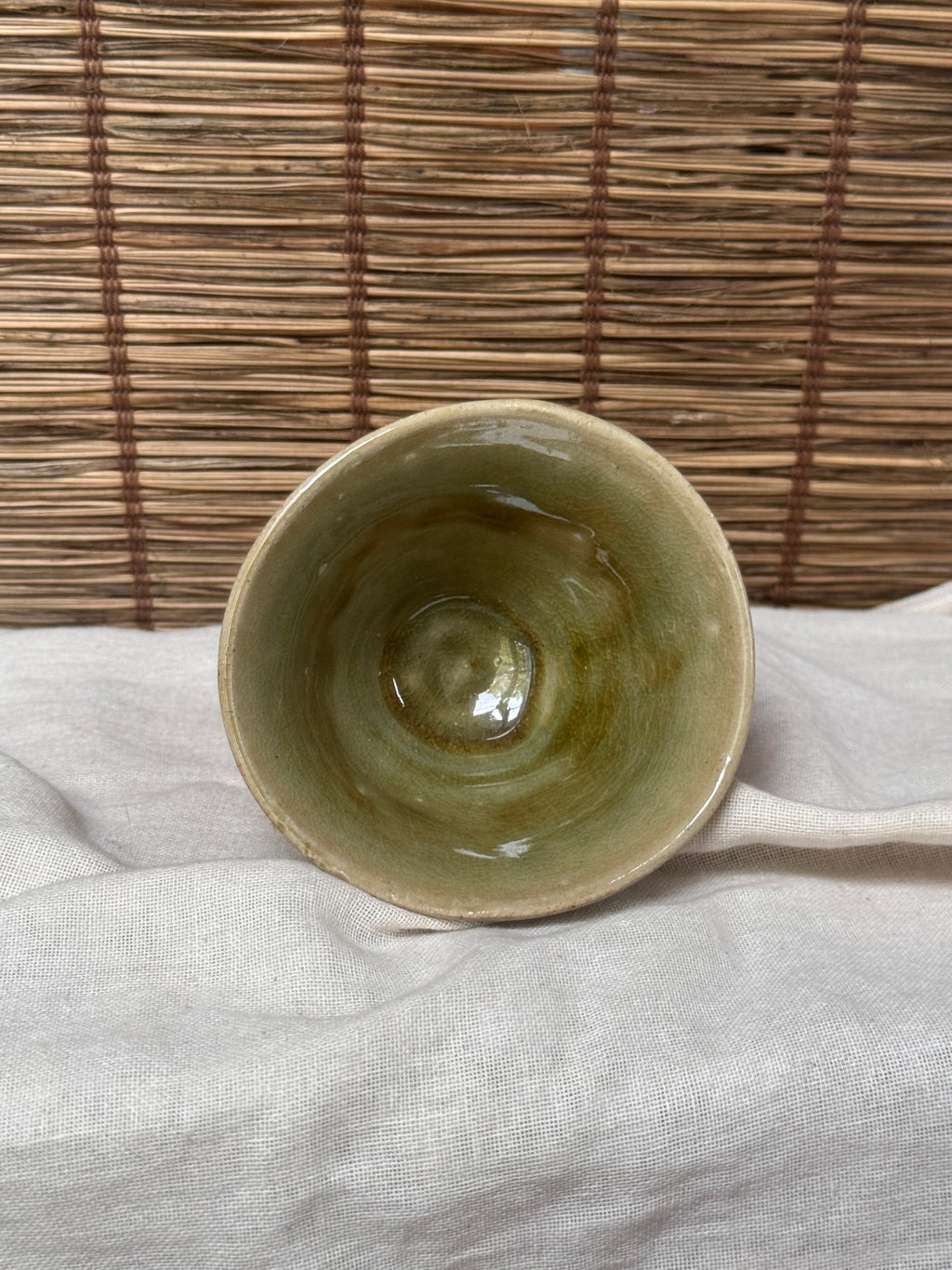Celadon Cup — Carved Crane, Crackle Glaze, Sealed Base
