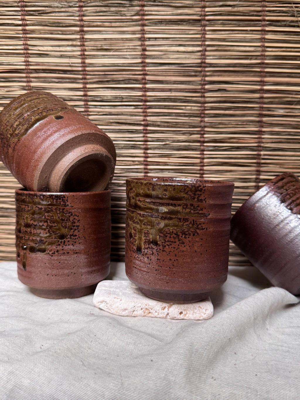 Tamba Ware Teacups (Yunomi), Set of 5 — Olive Ash Glaze Drips, Original Box