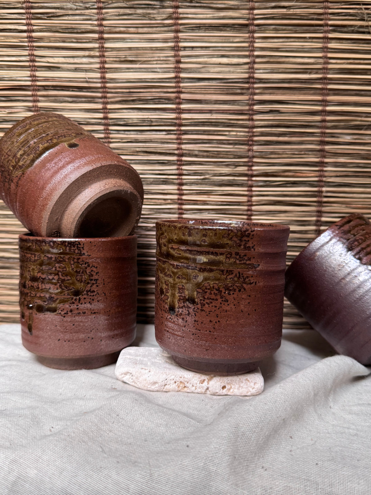 Tamba Ware Teacups (Yunomi), Set of 5 — Olive Ash Glaze Drips, Original Box