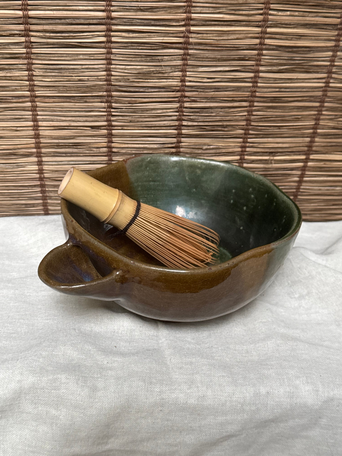 Katakuchi Matcha Bowl — Amber and Green Split Glaze, Blue Opalescence, Impressed Seal