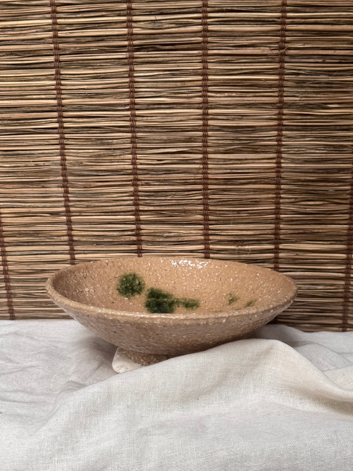 Ki-Seto Style Bowl — Coarse Stoneware with Copper-Green "Tanpan" Accents