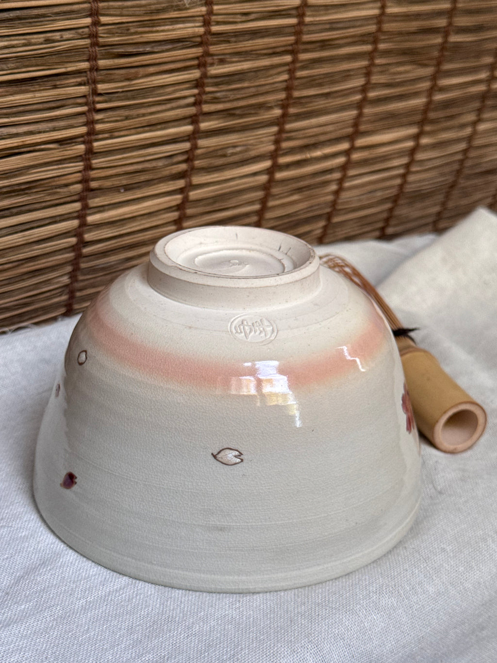 Kiyomizu Kyo-yaki Zenho Matcha Chawan — Hand-Painted Dropping Cherry Blossom, Original Box