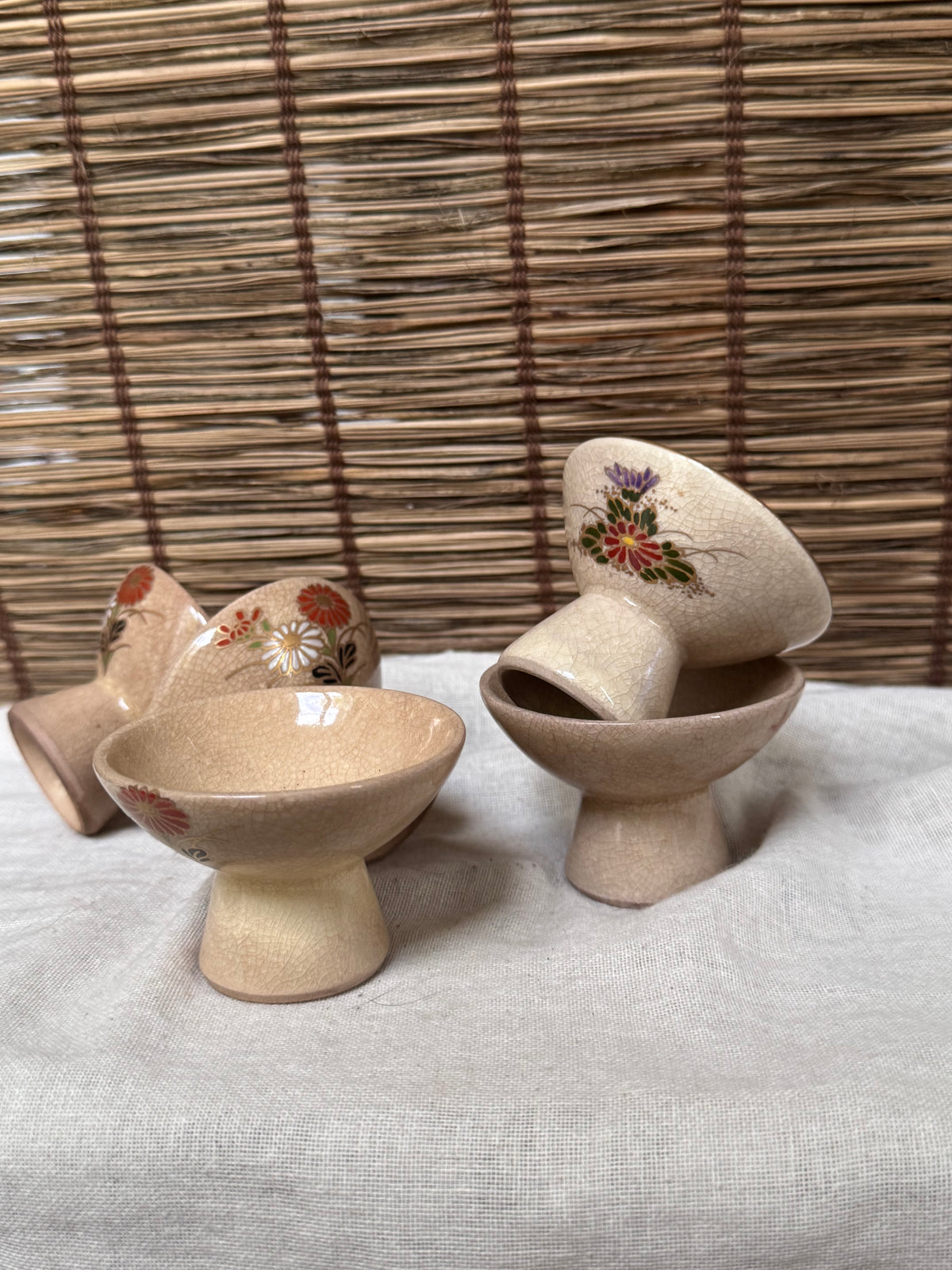 Kutani Ware Footed Sake Cups & Stands, Set of 5 — Hand-Painted Chrysanthemum, Crackle Glaze