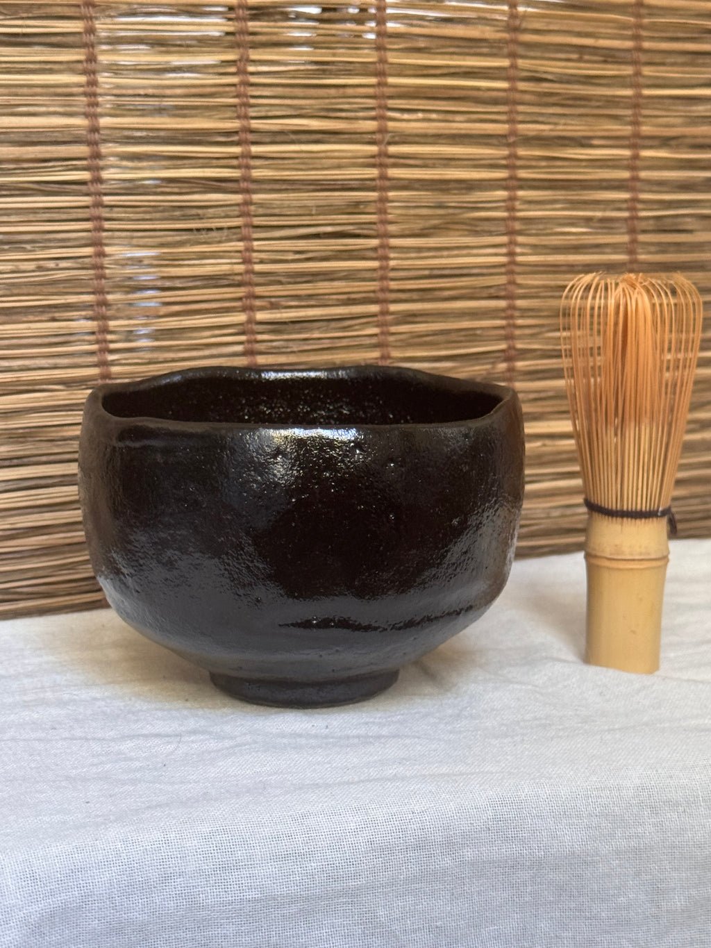 Kuro Raku Tea Bowl (Black Raku Chawan) — Hand-Formed with Spatula-Carved Facets, Wooden Box