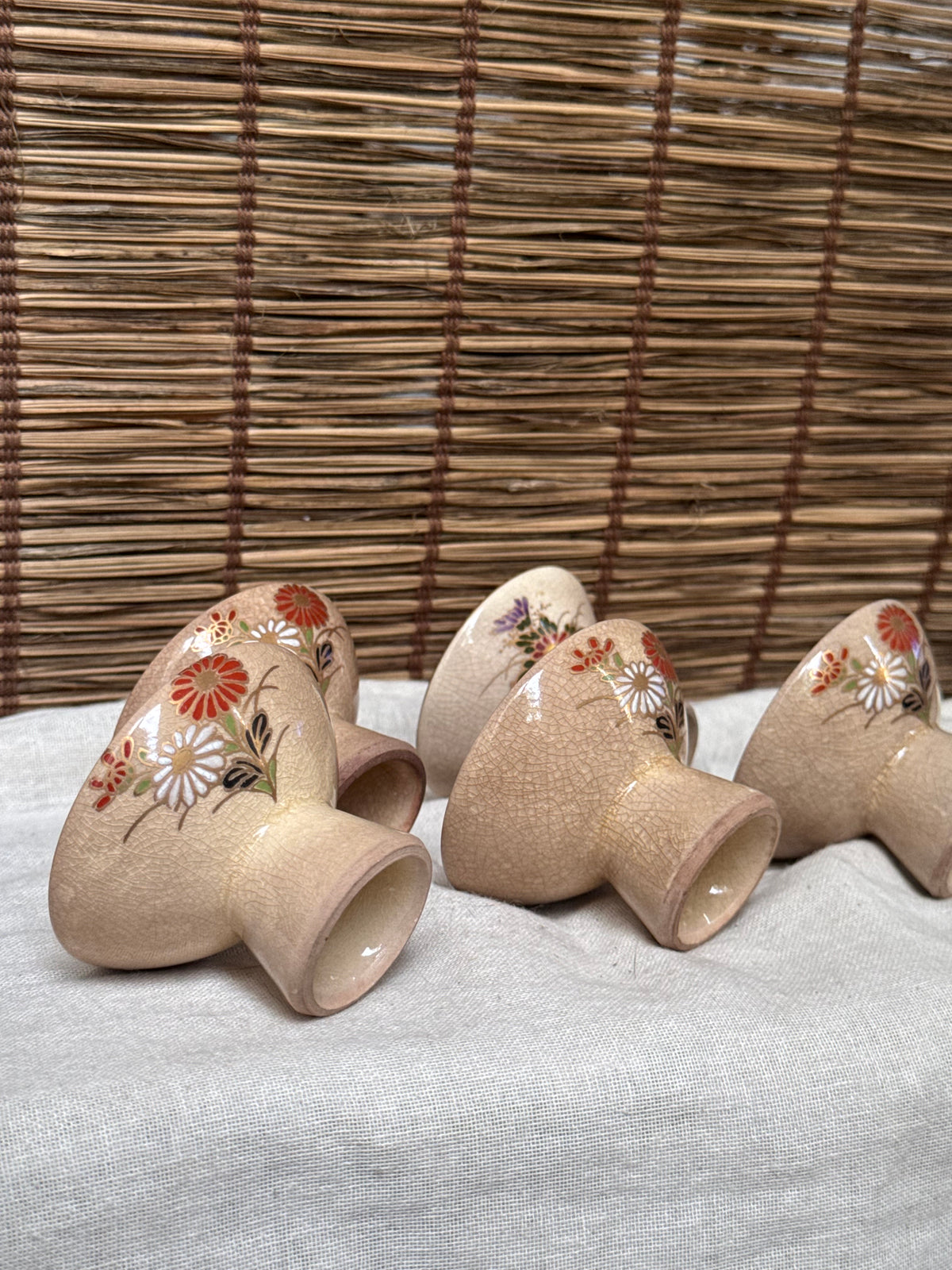 Kutani Ware Footed Sake Cups & Stands, Set of 5 — Hand-Painted Chrysanthemum, Crackle Glaze
