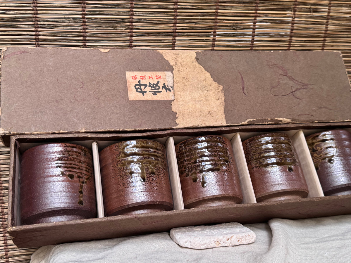 Tamba Ware Teacups (Yunomi), Set of 5 — Olive Ash Glaze Drips, Original Box