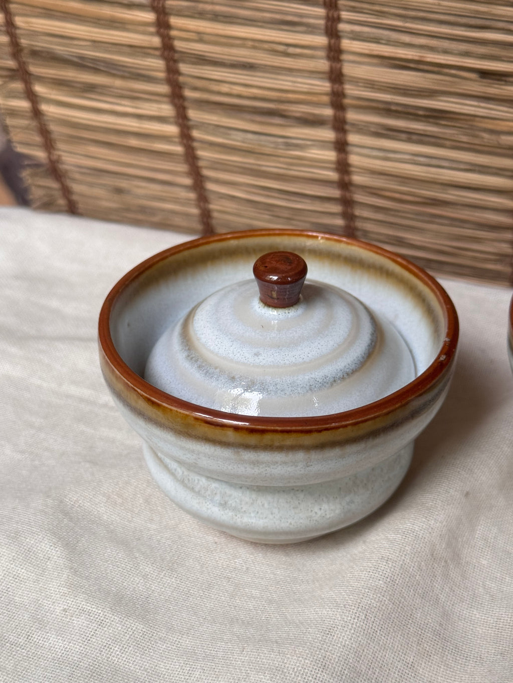 Ame-Glaze Lidded Cups, Pair — Rim Drip, Knob-Lid, Tiered Foot