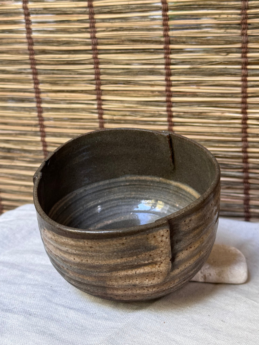 Mini Chawan — Iron Glaze with White Panels, Folded Rim
