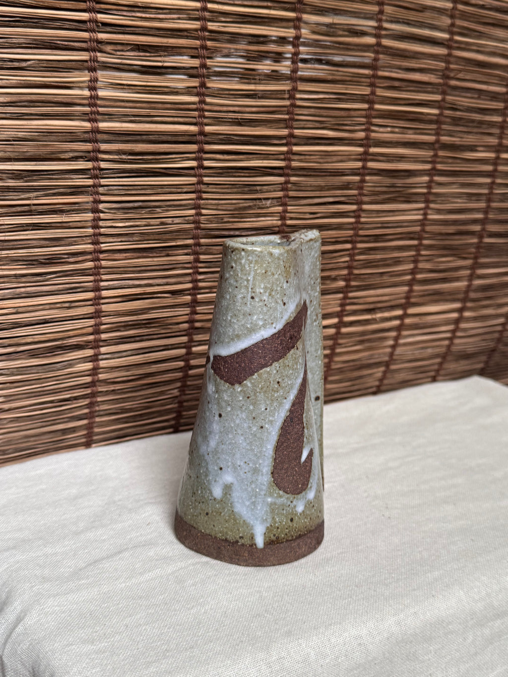 Japanese Speckled Ash Glaze Stoneware with Iron Brush Vase