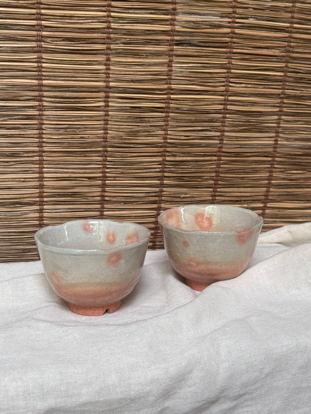 Hagi-Style Yunomi Tea Cups, Pair — Grey Ash Glaze with Iron-Spot